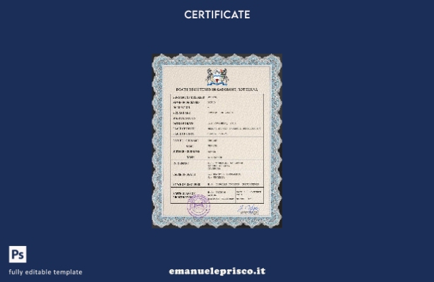 modello PSD del certificato di morte dei documenti di stato civile del Botswana 